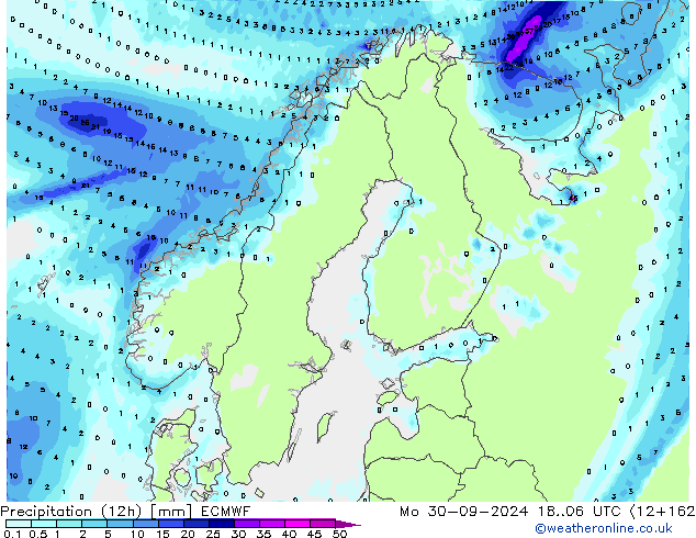 Precipitation (12h) ECMWF Po 30.09.2024 06 UTC