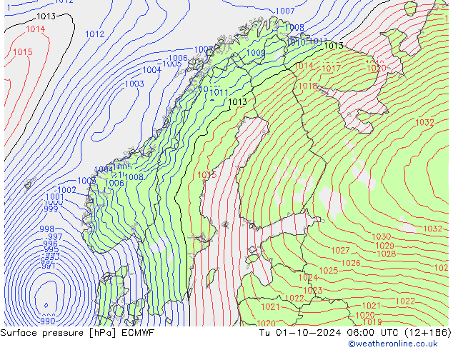 Surface pressure ECMWF Tu 01.10.2024 06 UTC