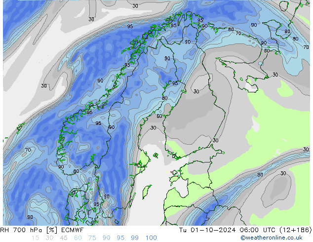 RH 700 гПа ECMWF вт 01.10.2024 06 UTC