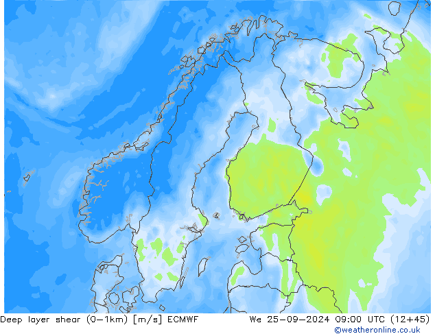 Deep layer shear (0-1km) ECMWF mié 25.09.2024 09 UTC