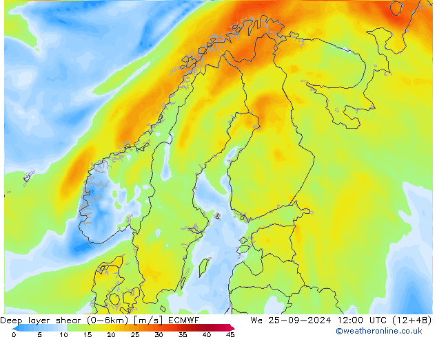 Deep layer shear (0-6km) ECMWF St 25.09.2024 12 UTC