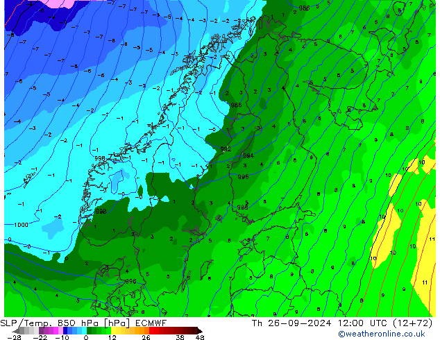 SLP/Temp. 850 hPa ECMWF Čt 26.09.2024 12 UTC