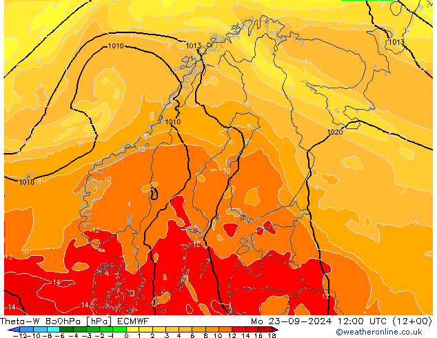 Theta-W 850hPa ECMWF Mo 23.09.2024 12 UTC