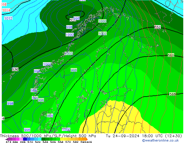 Thck 500-1000hPa ECMWF wto. 24.09.2024 18 UTC