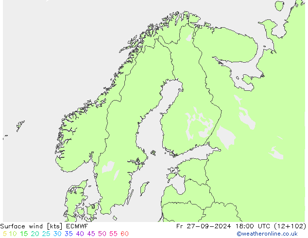 wiatr 10 m ECMWF pt. 27.09.2024 18 UTC