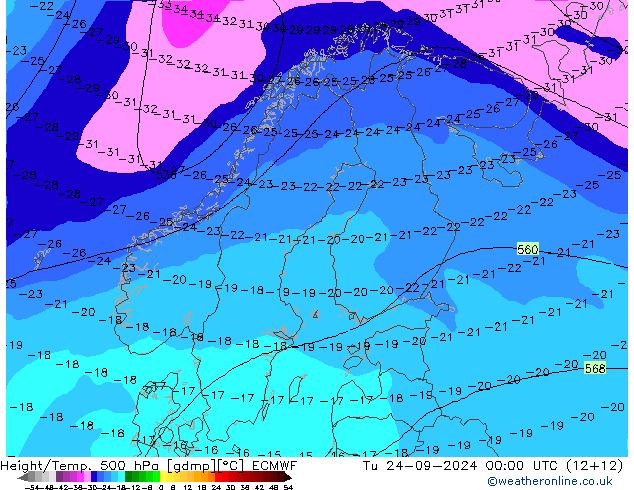 Z500/Rain (+SLP)/Z850 ECMWF Út 24.09.2024 00 UTC