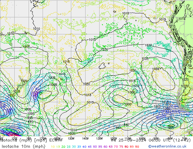 Isotachs (mph) ECMWF We 25.09.2024 06 UTC