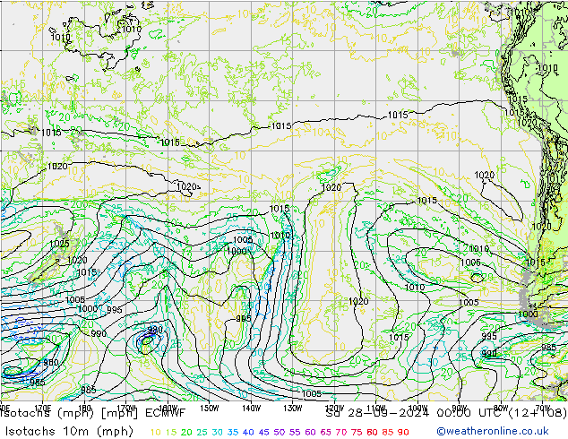 Isotachen (mph) ECMWF za 28.09.2024 00 UTC