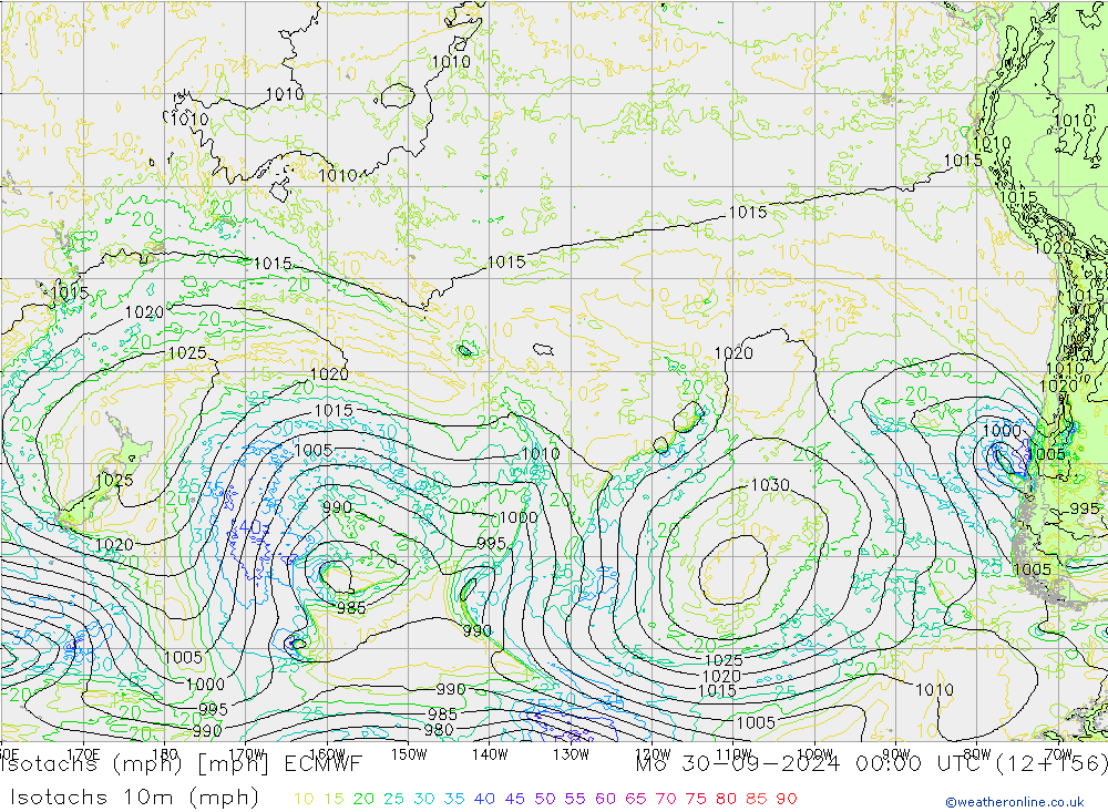 Isotachs (mph) ECMWF пн 30.09.2024 00 UTC