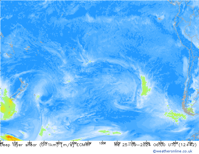 Deep layer shear (0-1km) ECMWF śro. 25.09.2024 06 UTC