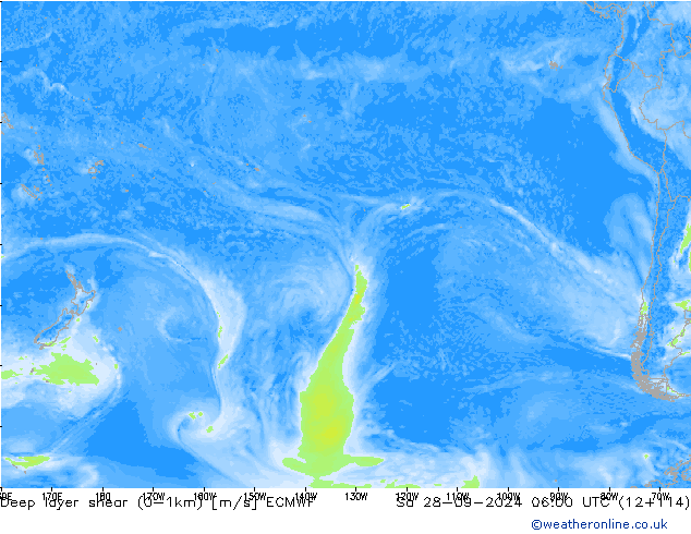 Deep layer shear (0-1km) ECMWF So 28.09.2024 06 UTC