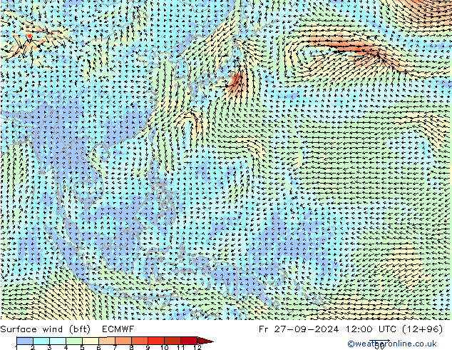 Surface wind (bft) ECMWF Fr 27.09.2024 12 UTC