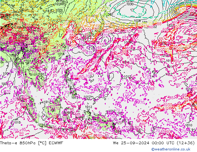 Theta-e 850hPa ECMWF Qua 25.09.2024 00 UTC