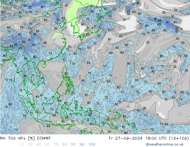 RH 700 гПа ECMWF пт 27.09.2024 18 UTC