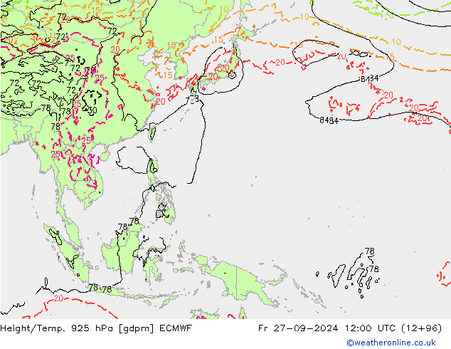 Height/Temp. 925 hPa ECMWF Fr 27.09.2024 12 UTC