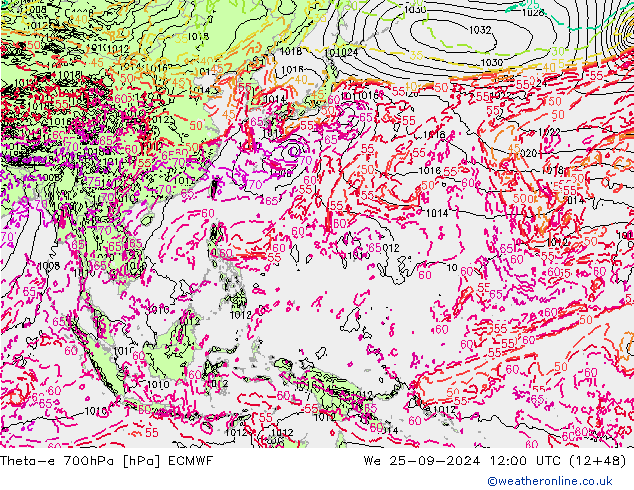 Theta-e 700hPa ECMWF Qua 25.09.2024 12 UTC