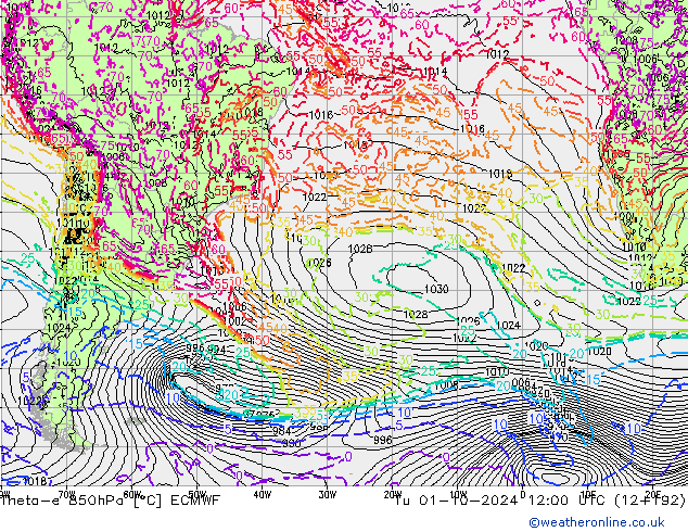 Theta-e 850hPa ECMWF Tu 01.10.2024 12 UTC