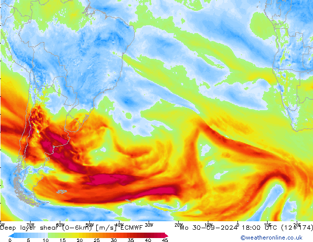 Deep layer shear (0-6km) ECMWF Mo 30.09.2024 18 UTC