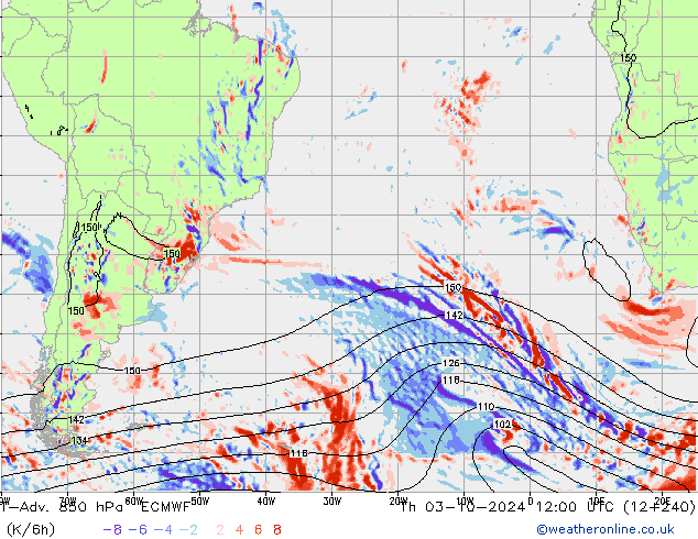 T-Adv. 850 hPa ECMWF Qui 03.10.2024 12 UTC