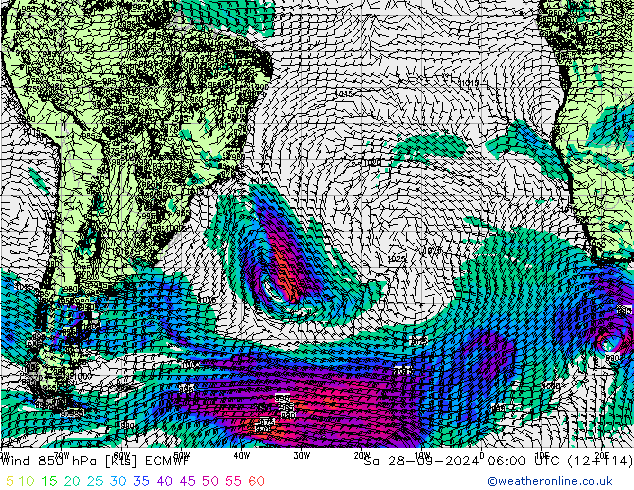 ветер 850 гПа ECMWF сб 28.09.2024 06 UTC