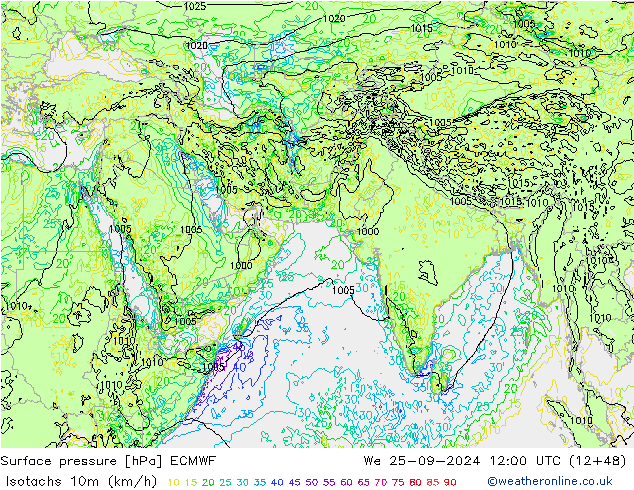 Isotachs (kph) ECMWF mer 25.09.2024 12 UTC