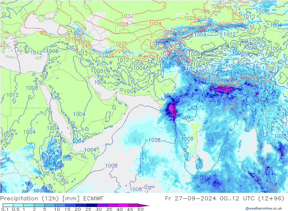 Precipitation (12h) ECMWF Fr 27.09.2024 12 UTC