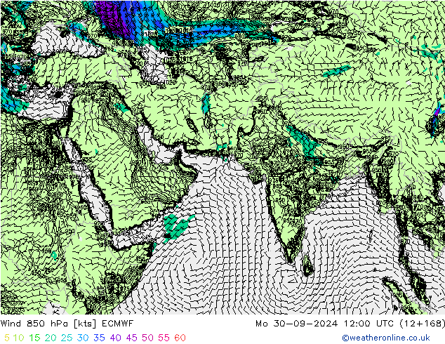 wiatr 850 hPa ECMWF pon. 30.09.2024 12 UTC