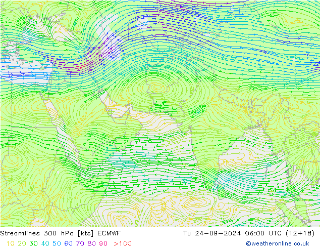 Linia prądu 300 hPa ECMWF wto. 24.09.2024 06 UTC