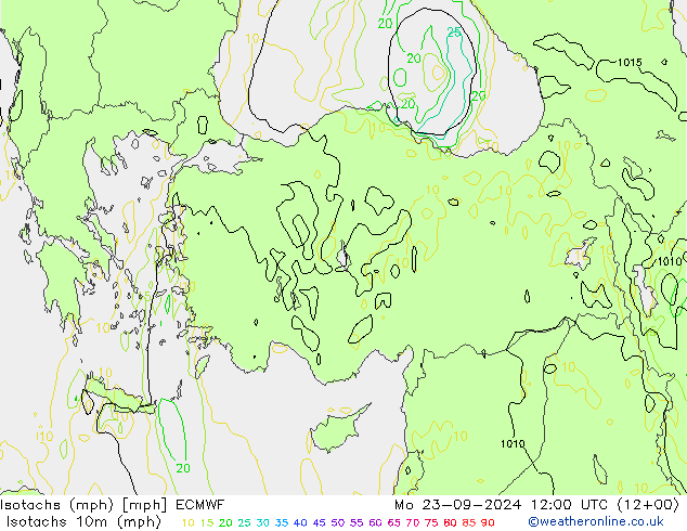 Isotachen (mph) ECMWF ma 23.09.2024 12 UTC