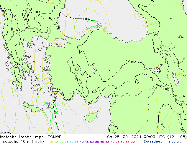 Isotachs (mph) ECMWF  28.09.2024 00 UTC