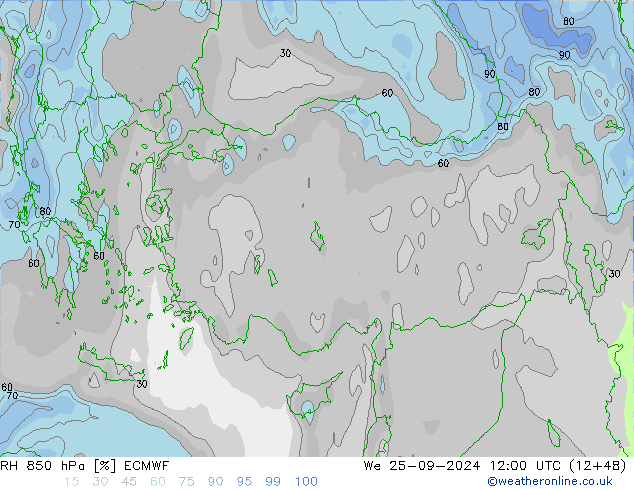 850 hPa Nispi Nem ECMWF Çar 25.09.2024 12 UTC