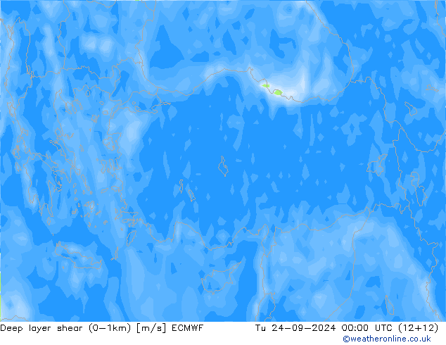 Deep layer shear (0-1km) ECMWF Sa 24.09.2024 00 UTC