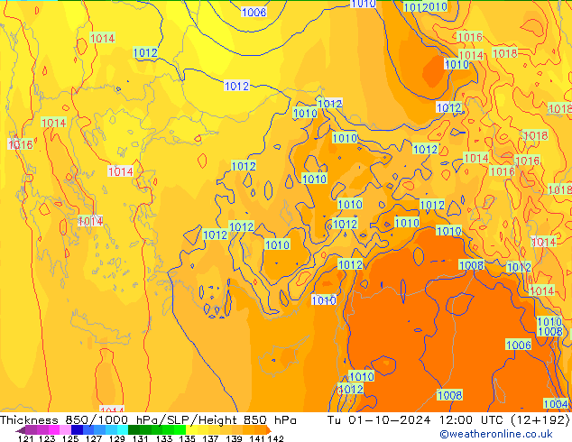 Thck 850-1000 hPa ECMWF wto. 01.10.2024 12 UTC