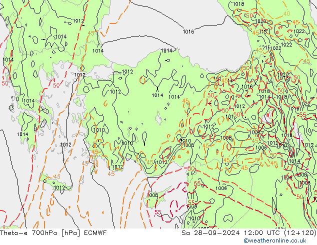 Theta-e 700hPa ECMWF Sa 28.09.2024 12 UTC