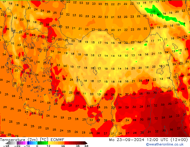 Temperatuurkaart (2m) ECMWF ma 23.09.2024 12 UTC