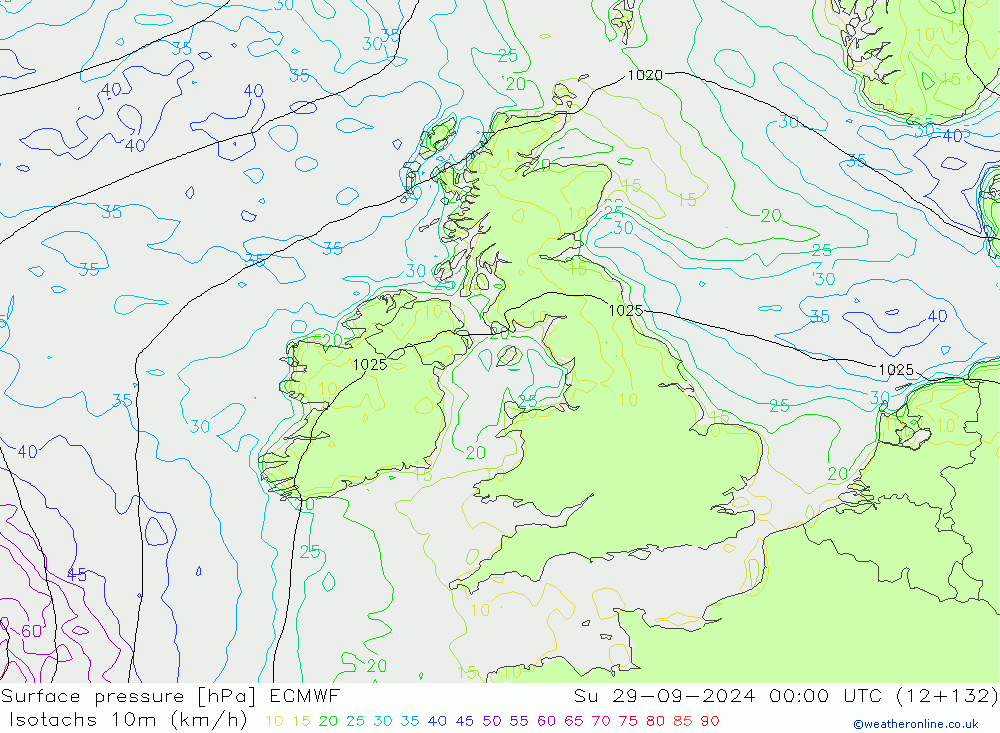 Isotachs (kph) ECMWF Su 29.09.2024 00 UTC