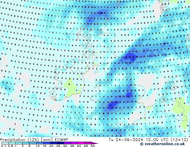 Precipitation (12h) ECMWF Tu 24.09.2024 00 UTC