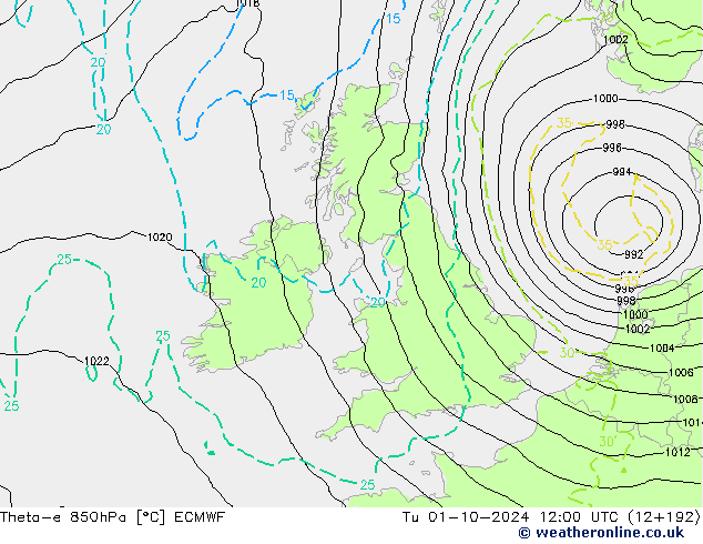 Theta-e 850hPa ECMWF Ter 01.10.2024 12 UTC