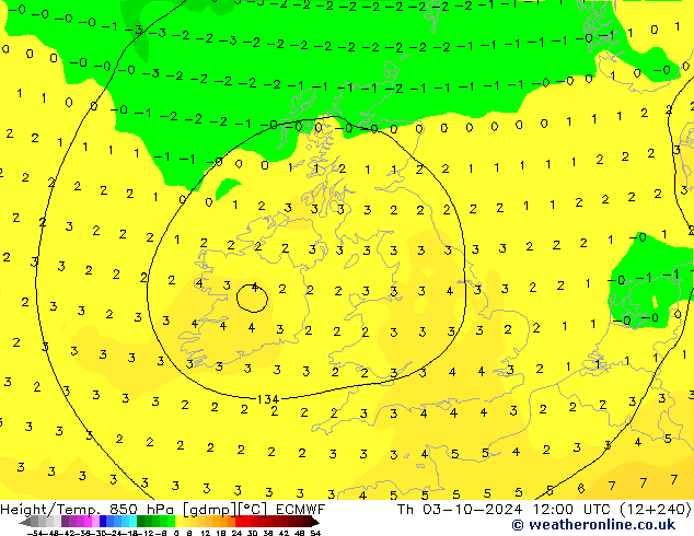 Height/Temp. 850 hPa ECMWF Th 03.10.2024 12 UTC