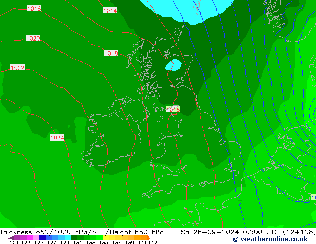 Thck 850-1000 гПа ECMWF сб 28.09.2024 00 UTC