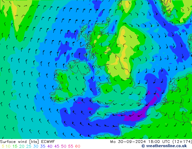 Surface wind ECMWF Mo 30.09.2024 18 UTC