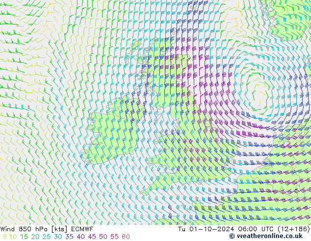 Wind 850 hPa ECMWF Tu 01.10.2024 06 UTC