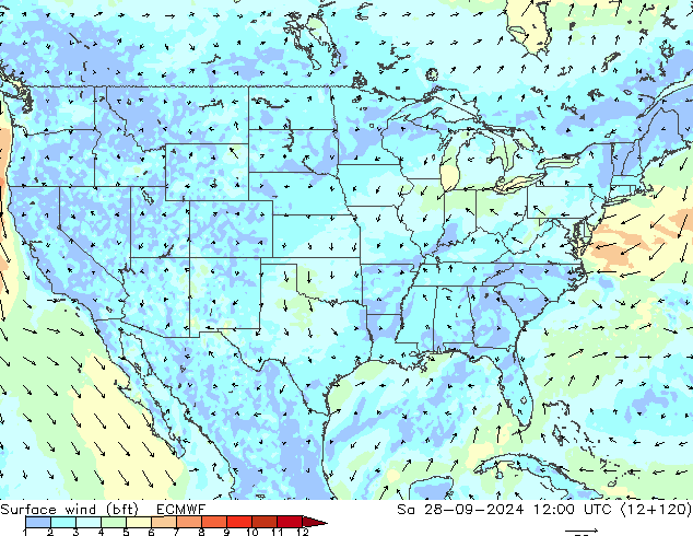 Wind 10 m (bft) ECMWF za 28.09.2024 12 UTC