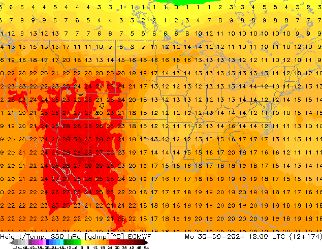 Géop./Temp. 850 hPa ECMWF lun 30.09.2024 18 UTC