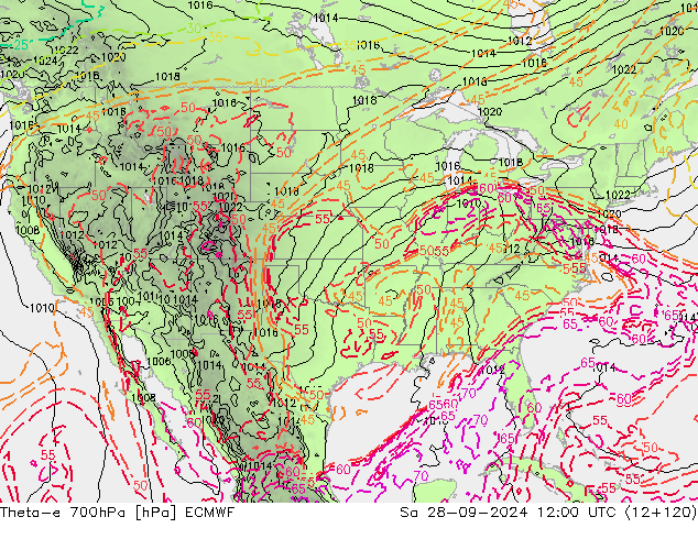 Theta-e 700гПа ECMWF сб 28.09.2024 12 UTC