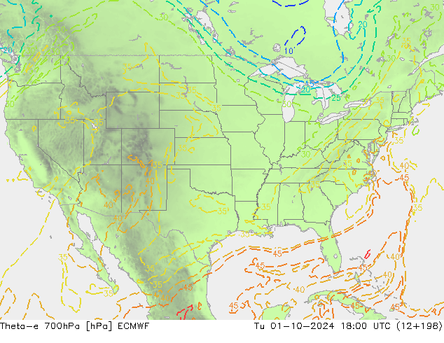 Theta-e 700hPa ECMWF  01.10.2024 18 UTC