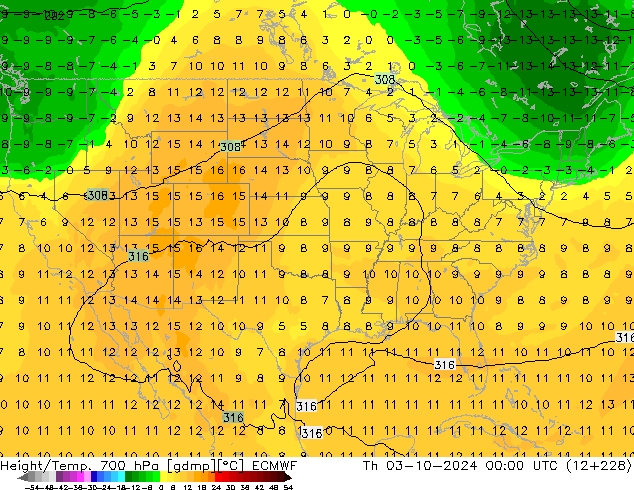 Yükseklik/Sıc. 700 hPa ECMWF Per 03.10.2024 00 UTC