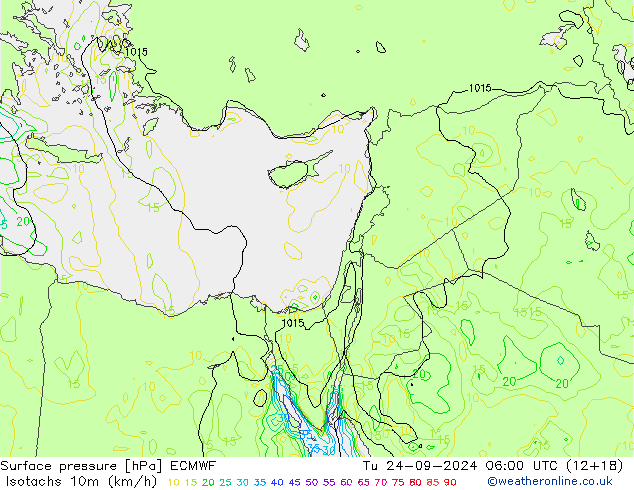 Isotachen (km/h) ECMWF Di 24.09.2024 06 UTC