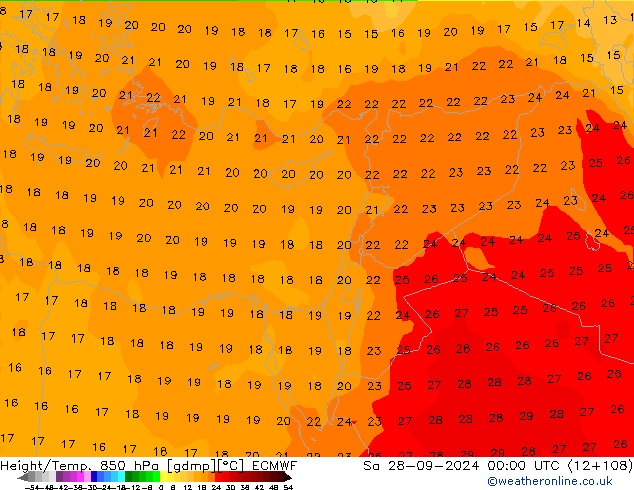 Height/Temp. 850 hPa ECMWF sab 28.09.2024 00 UTC