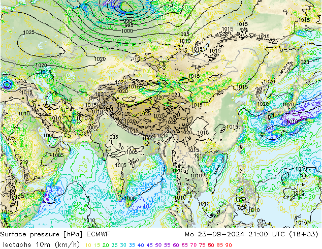 Izotacha (km/godz) ECMWF pon. 23.09.2024 21 UTC